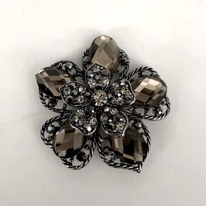 Large Brooch Flower Pin Multi Layers, Sparkly Rhinestone Grey